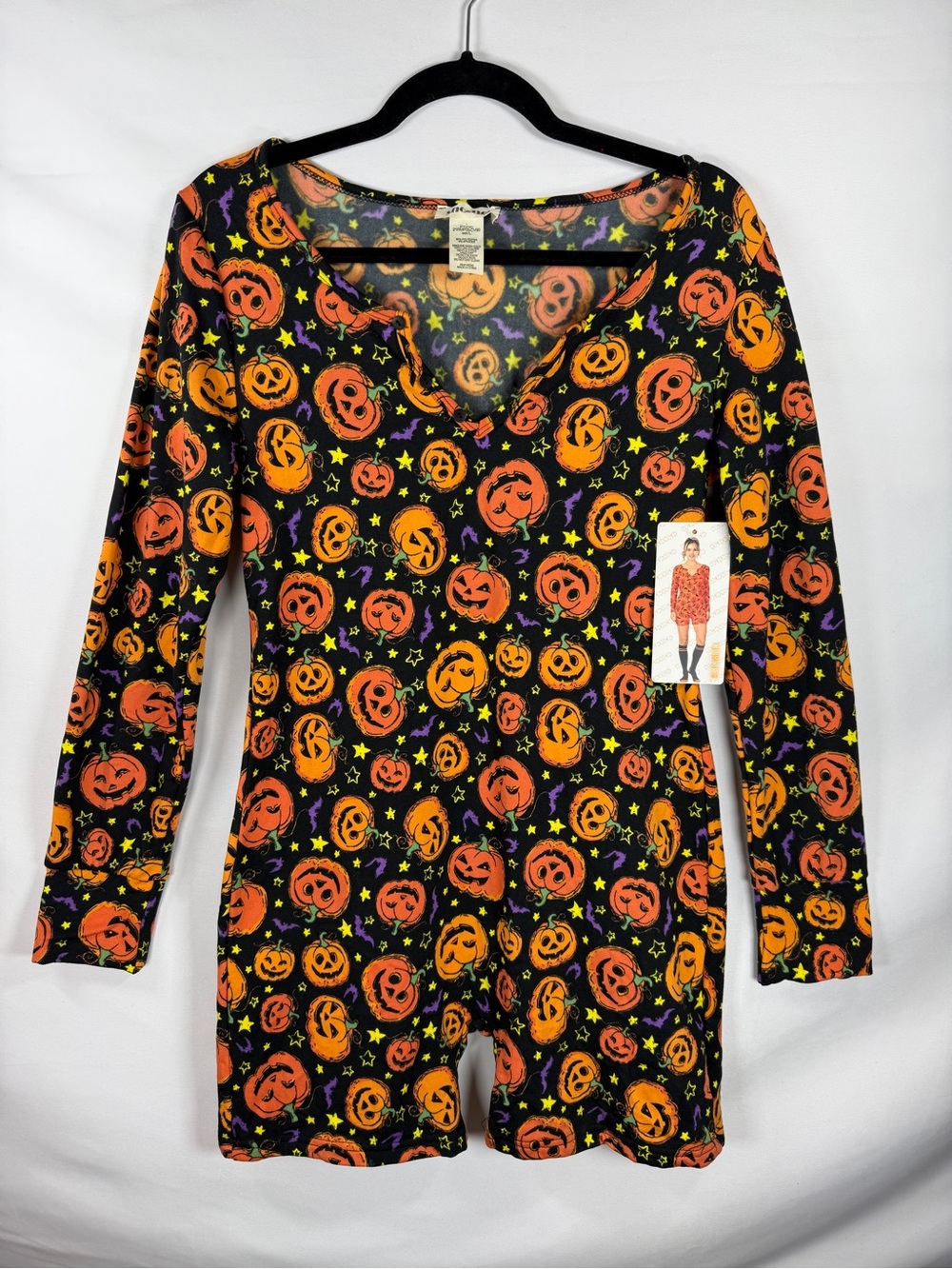 Shosho Halloween Pumpkin Print Romper Long Sleeve Henley NWT Large